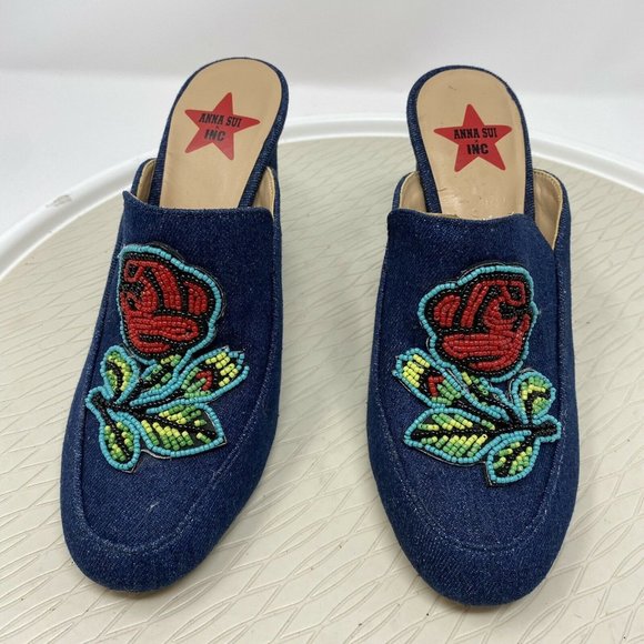 Ana Sui INC Heels 6 Denim Floral Mules Slip On Shoes Blue Beaded Pumps - Picture 2 of 12